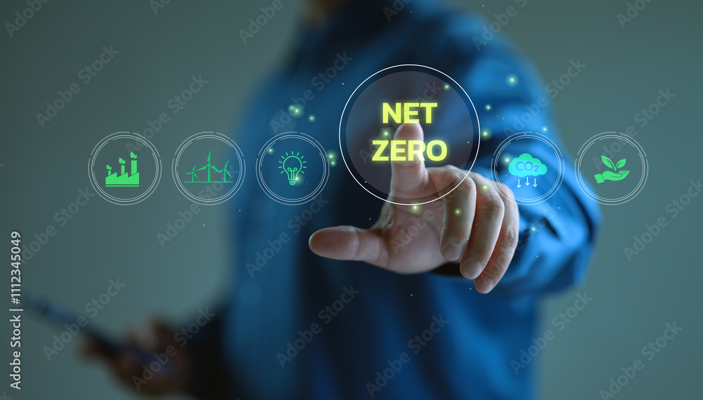 Net-zero and carbon-neutral concept. Businessman touch on virtual screen Net Zero icons, renewable energy, co2 emissions reduction, green production, waste recycling, solar power. Net-zero and carbon-neutral concept. Businessman touch on virtual screen Net Zero icons, renewable energy, co2 emissions reduction, green production, waste recycling, solar power.