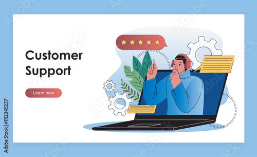 Customer support landing page. Woman with headphones on laptop screen. Technical support and answers to frequently asked questions. Flat vector illustration