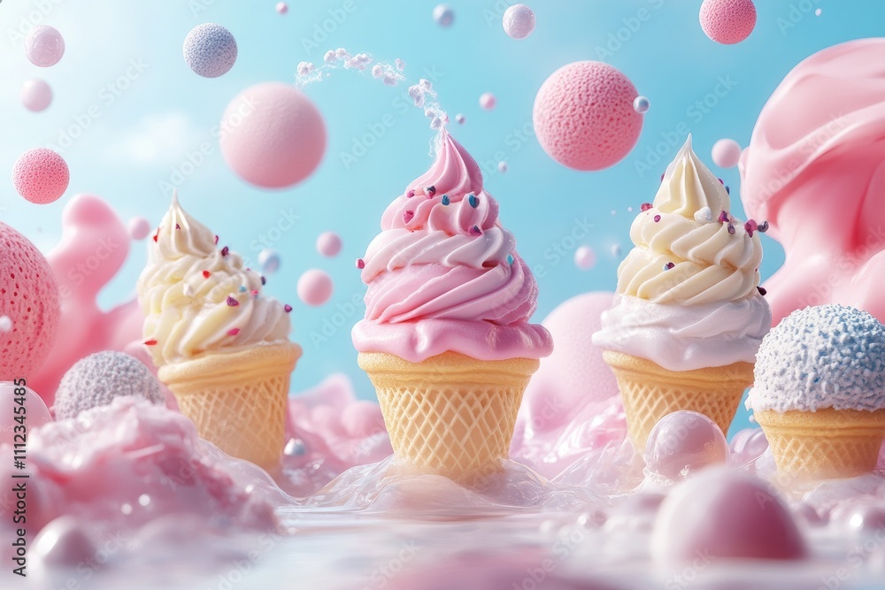 Ice cream cones floating in a pink fantasy world Ice cream cones floating in a pink fantasy world