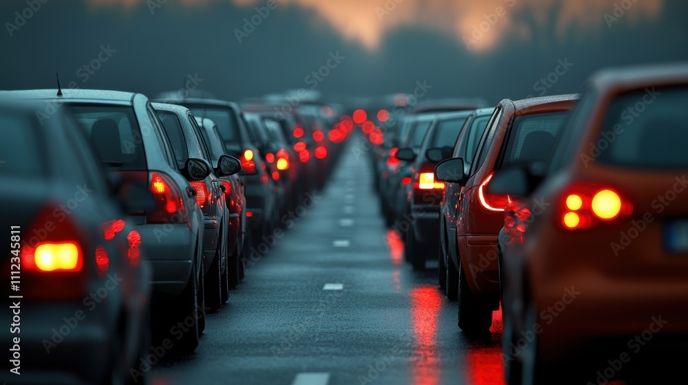 Fototapeta premium Traffic Jam with Glowing Red Brake Lights