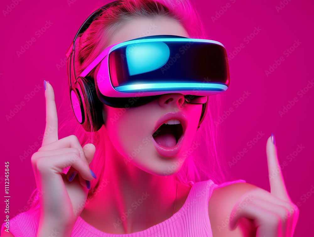 girl in virtual reality glasses expresses excitement and joy girl in virtual reality glasses expresses excitement and joy