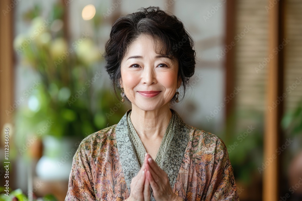 Elegant senior woman wearing kimono, smiling and greeting with hands joined Elegant senior woman wearing kimono, smiling and greeting with hands joined