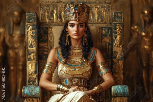 Majestic egyptian queen sitting on golden throne wearing gold jewelry