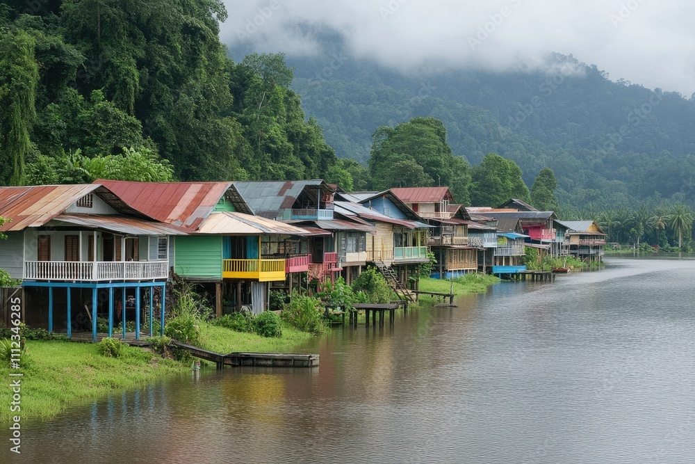 Colorful stilt houses reflecting in the river with lush green forest and misty mountains Colorful stilt houses reflecting in the river with lush green forest and misty mountains