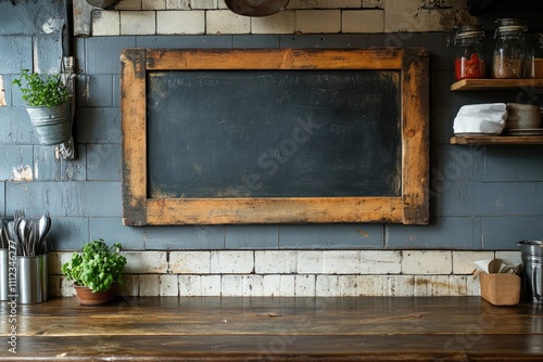 Empty blackboard hanging on rustic kitchen wall with copy space photo