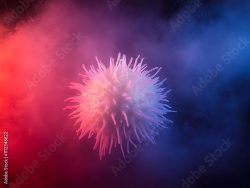 Detailed macro view of a single flu virus cell with prominent spiked proteins, glowing in red and purple hues, set against a dark gradient backdrop for stark contrast