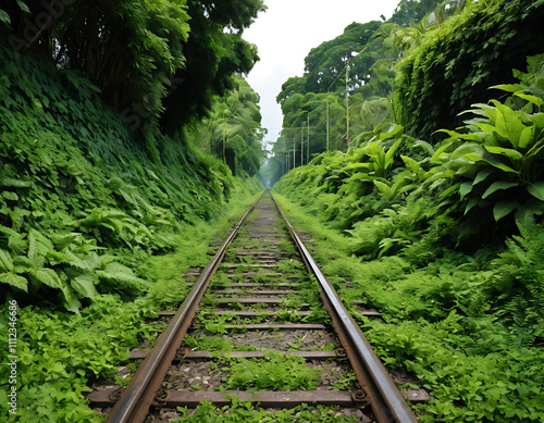 Tunnel of Green: A Railway Track Overgrown with Lush Vegetation photo