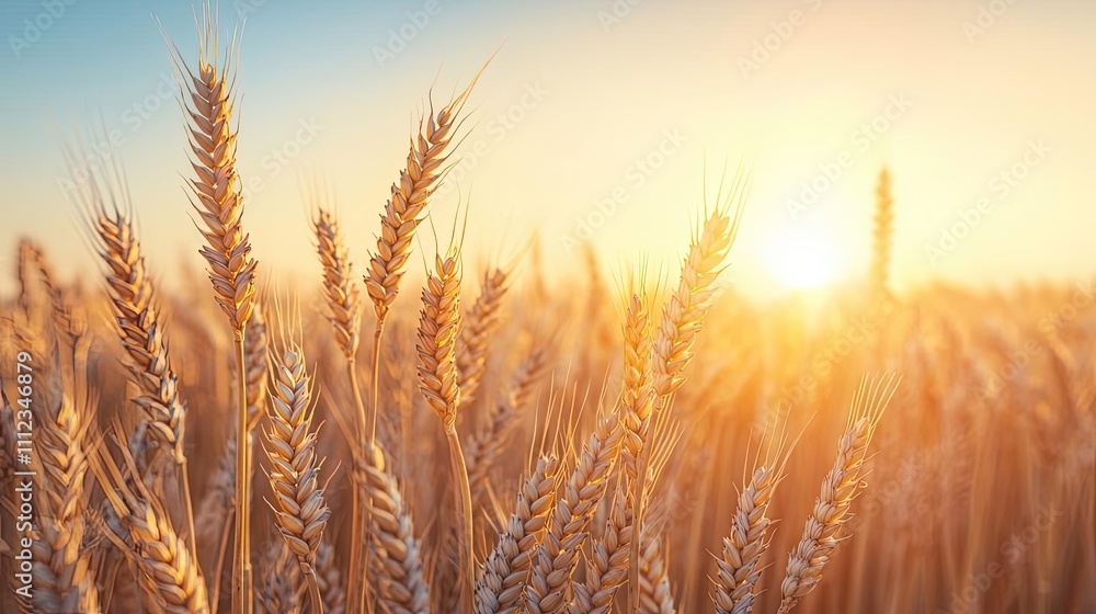 Golden wheat field at sunset, warm light illuminating the crops. Golden wheat field at sunset, warm light illuminating the crops.