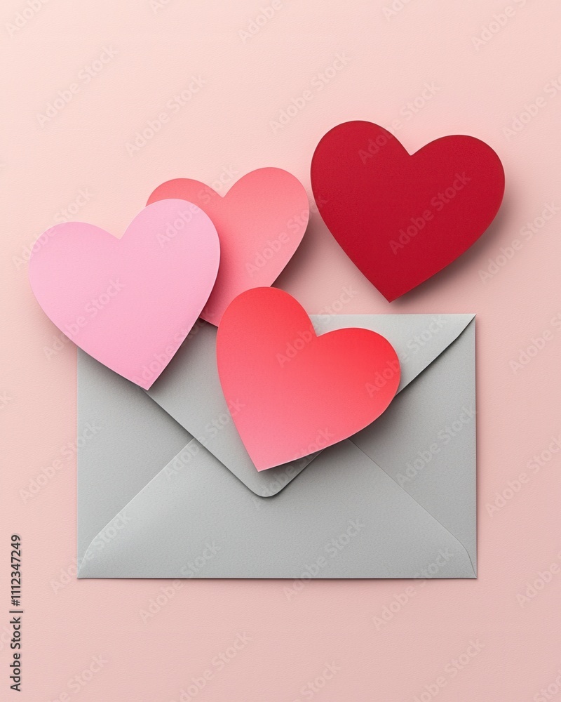 Heart-shaped paper cut-outs and envelope concept. Colorful hearts emerging from an envelope on a pink background Heart-shaped paper cut-outs and envelope concept. Colorful hearts emerging from an envelope on a pink background