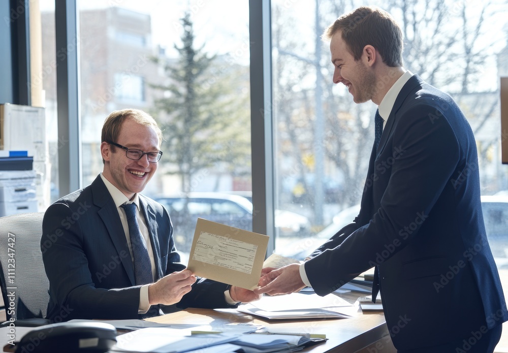 Smiling Businessmen Exchanging Documents in Modern Office Setting Smiling Businessmen Exchanging Documents in Modern Office Setting
