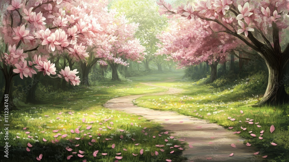 Naklejka premium A serene pathway meanders through a blooming cherry blossom forest, inviting tranquility and reflection.