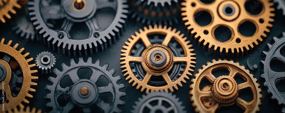 Close-up of intricate gears in varying sizes and materials, showcasing mechanical beauty. Close-up of intricate gears in varying sizes and materials, showcasing mechanical beauty.