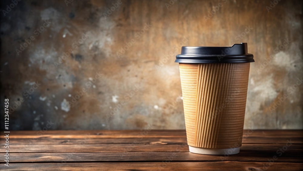 Takeaway coffee cup with lid on rustic wooden table, against textured wall backdrop , coffee, cup, lid, takeaway Takeaway coffee cup with lid on rustic wooden table, against textured wall backdrop , coffee, cup, lid, takeaway