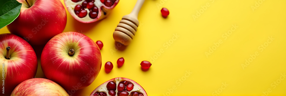 Rosh Hashanah holiday elements featuring apples, honey, and pomegranates prominently displayed on a bright and cheerful yellow background together._00001_ Rosh Hashanah holiday elements featuring apples, honey, and pomegranates prominently displayed on a bright and cheerful yellow background together._00001_