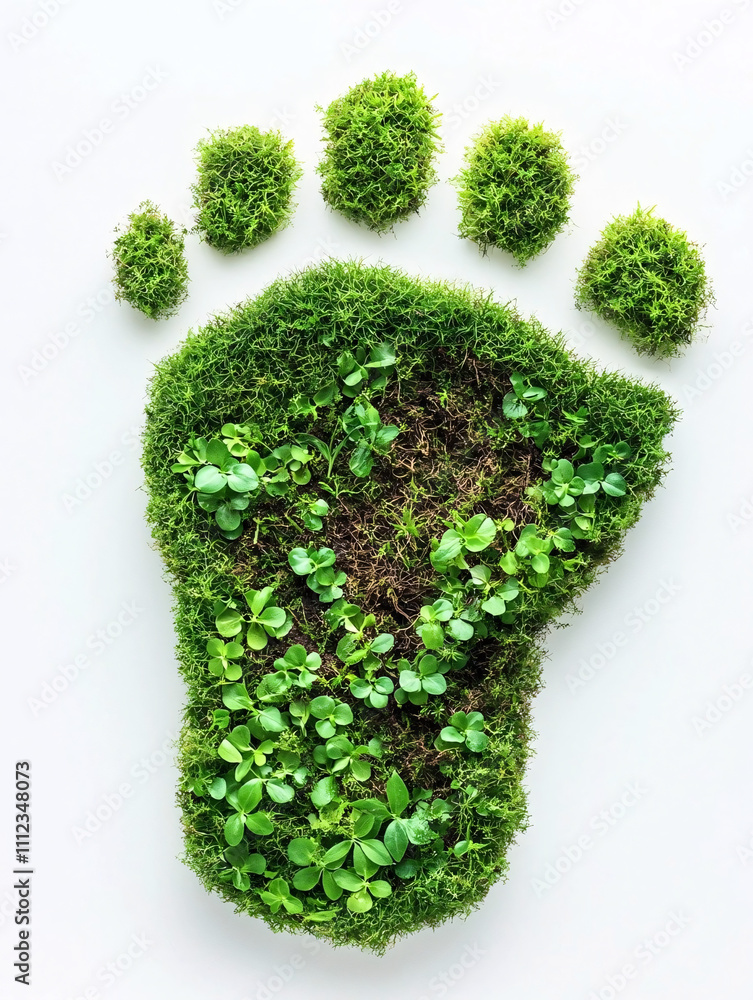 An eco-themed footprint design made of lush green moss and small plants, symbolizing sustainability and environmental consciousness An eco-themed footprint design made of lush green moss and small plants, symbolizing sustainability and environmental consciousness