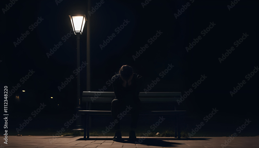 A person sitting alone on a bench under a streetlamp at night, their face buried in their hands, symbolizing loneliness and sorrow. A person sitting alone on a bench under a streetlamp at night, their face buried in their hands, symbolizing loneliness and sorrow.