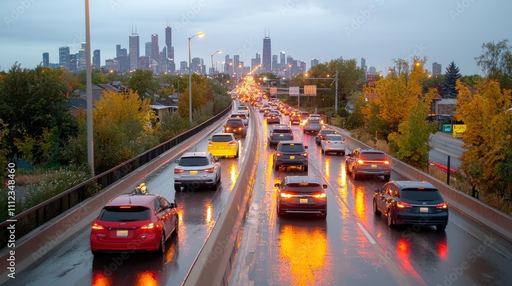Traffic Jam Viewed from Overpass Under Rainy Sky Traffic Jam Viewed from Overpass Under Rainy Sky