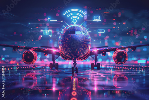 Futuristic aircraft with Wi-Fi symbol and device connection cables.