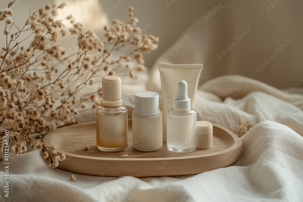 A tranquil display of natural skincare products arranged on a wooden tray with dried flowers in a soft, light-filled space A tranquil display of natural skincare products arranged on a wooden tray with dried flowers in a soft, light-filled space