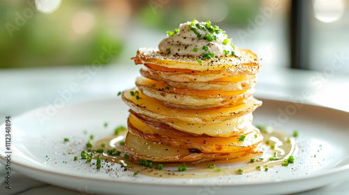 Crispy Duck Fat Potato Pavé with Truffle Aioli and Chives, Main Course Photography