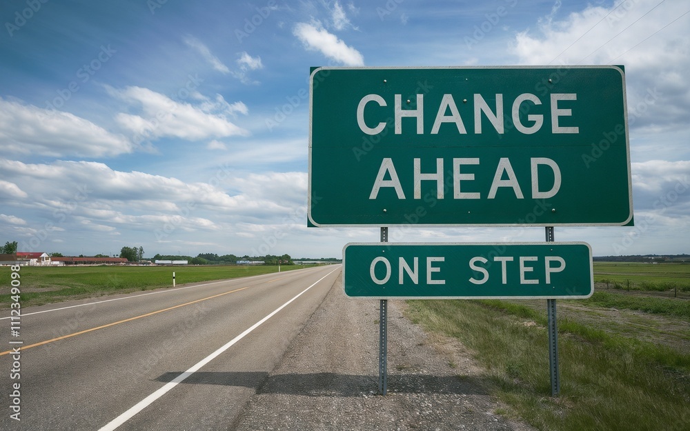 Green sign board with 'change ahead' in middle of two roads with one damaged side and other beautiful side. Select new plan or path, transform, opportunity, determination concepts. Green sign board with 'change ahead' in middle of two roads with one damaged side and other beautiful side. Select new plan or path, transform, opportunity, determination concepts.