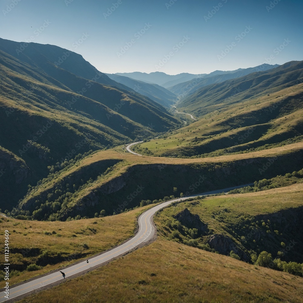 Fototapeta premium A lone bird flying over a mountain pass, with clear skies and rolling hills below.