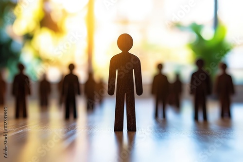 Silhouette of Wooden Figurine Standing Out Among Crowd of Similar Figures in Bright Background photo