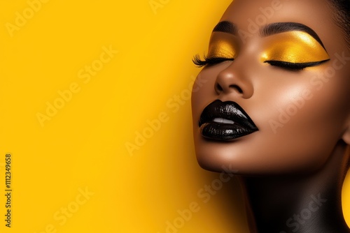 Golden eyeshadow with black lips on yellow backdrop.