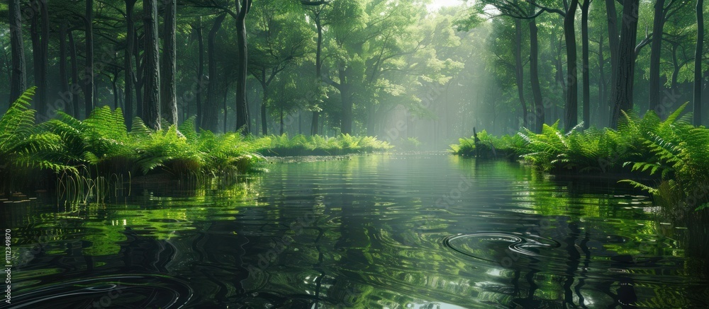 Enchanting misty forest landscape with serene reflection filled stream or pond  Lush verdant foliage towering trees and a tranquil body of water create a captivating