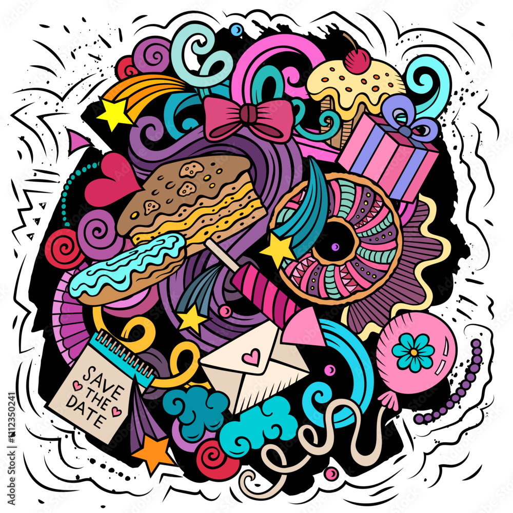 Happy Birthday vector doodles illustration. Holiday elements and objects cartoon background Happy Birthday vector doodles illustration. Holiday elements and objects cartoon background