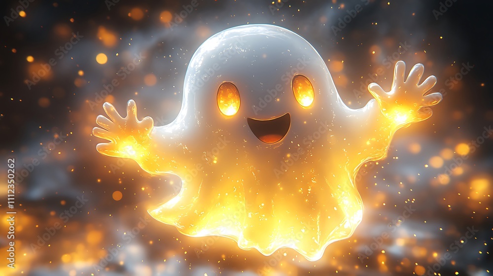 Cute glowing cartoon ghost with fire eyes and particles. Cute glowing cartoon ghost with fire eyes and particles.