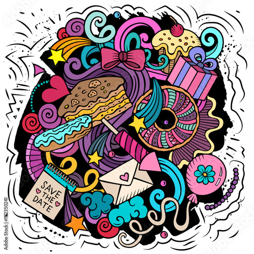 Happy Birthday vector doodles illustration. Holiday elements and objects cartoon background
