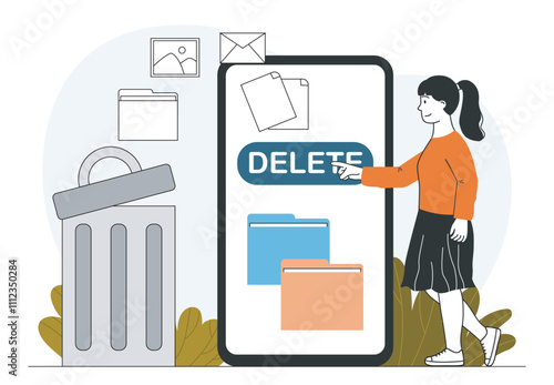 Woman delete file. Young girl near huge smartphone clears memory of documents. Storage management. Deleting spam messages. Linear vector illustration