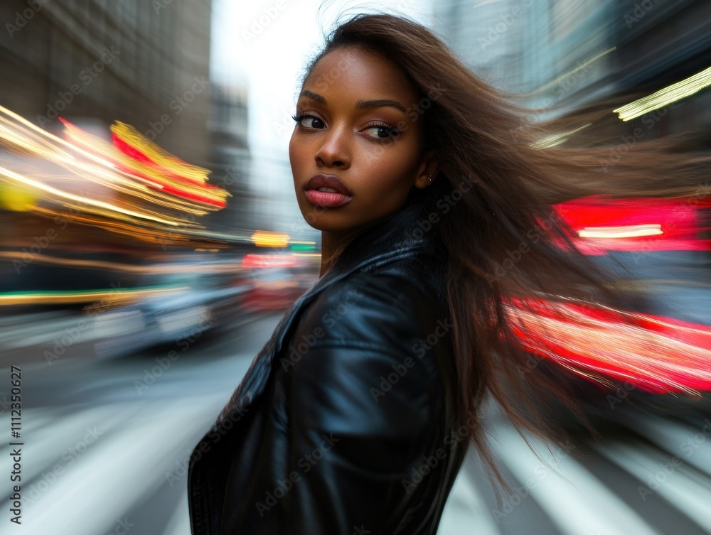 Woman in black leather jacket with blurred urban backdrop. Woman in black leather jacket with blurred urban backdrop.