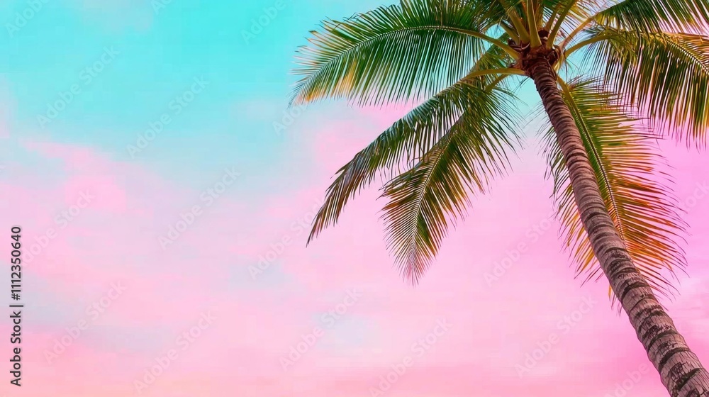 Fototapeta premium a photostock of a sky in pink tones with a palm tree view from below