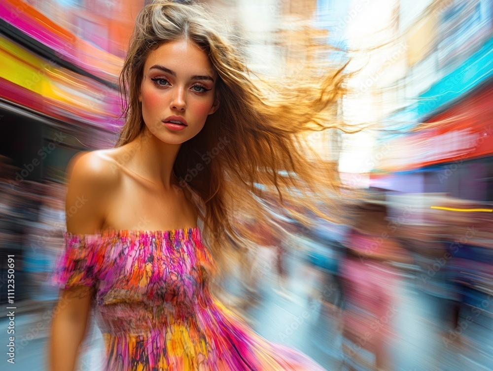 Young woman with flowing dress in vibrant city scene Young woman with flowing dress in vibrant city scene