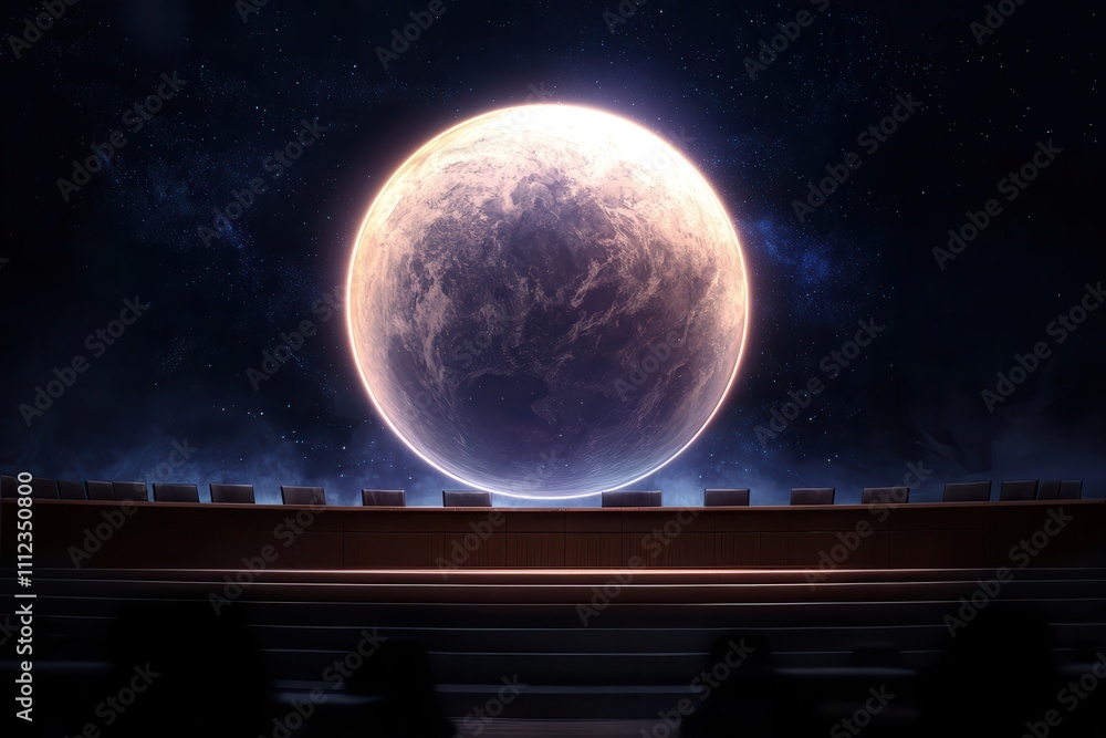 Fototapeta premium A large moon illuminates a cosmic scene with distant stars.