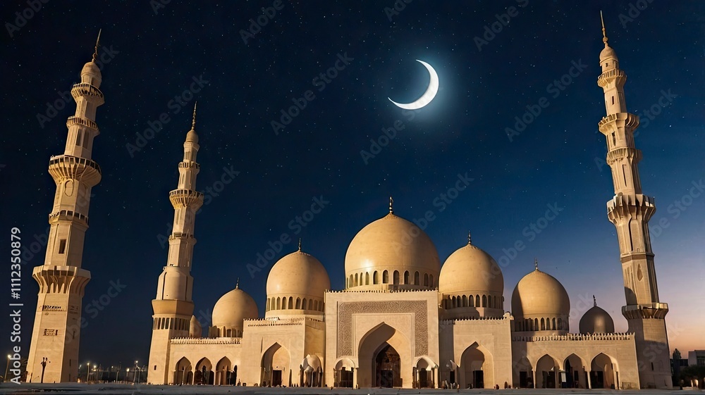 Fototapeta premium Mosque Dome Scescent Moon Star Sky Night Israa Mecca Mohammed Ramadan Isra Sheikh Ramadan Grand Uae Arab Islamic Emirates Architecture Mubarak Zayed Kareem Greeting Abu Eid Uae Masjid Ramadhan.
