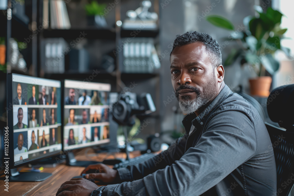 Obraz premium Man on a video call in a home office, organized workspace, bright lighting, professional vibe.