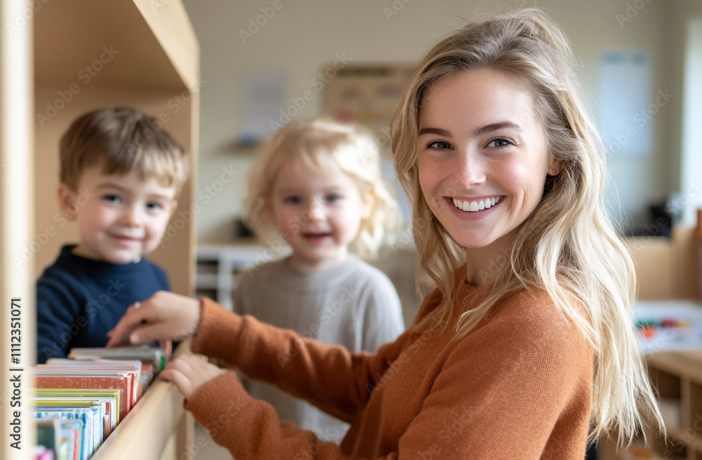 A teacher helping children stack books on a shelf in a sunny and organized classroom library A teacher helping children stack books on a shelf in a sunny and organized classroom library