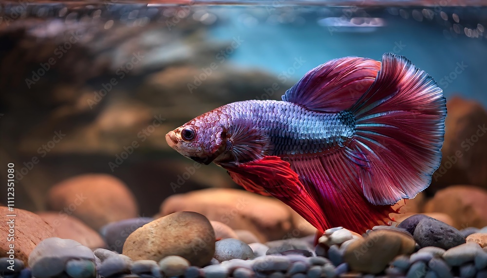 Obraz premium Betta fish in an aquarium with rocks, focused on a specific spot, creating a serene scene.