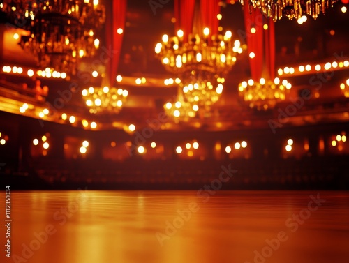 A low-angle shot captures a broadway stage framed by glowing chandeliers and textured red curtains, enhanced by blurred golden lights adding dramatic effect