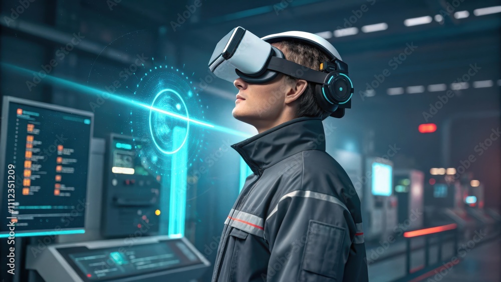 Health and safety monitoring concept, Person using VR technology in a futuristic setting Health and safety monitoring concept, Person using VR technology in a futuristic setting