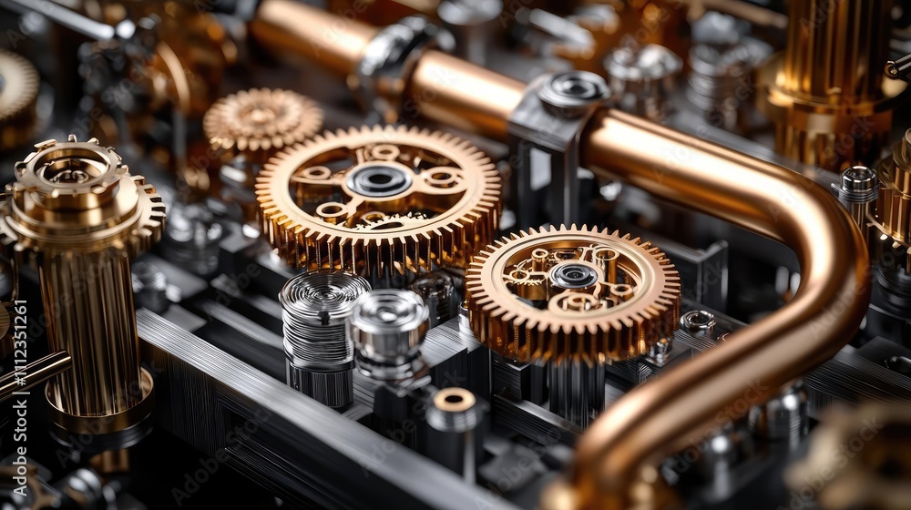 Close-up of shiny brass gears in a machinery setup, intricate details visible. Close-up of shiny brass gears in a machinery setup, intricate details visible.