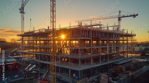 Scene of office building under construction at light of early morning sunshine.