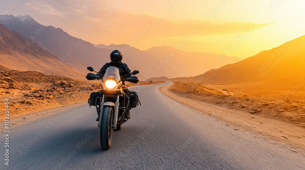 Motorcycle Rider on Winding Mountain Road at Sunset Motorcycle Rider on Winding Mountain Road at Sunset