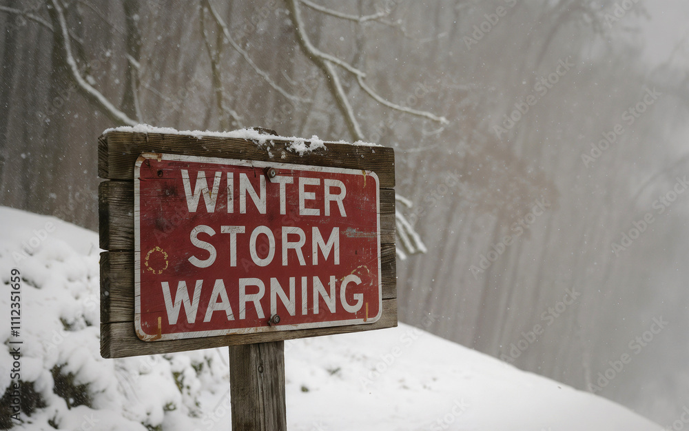 Fototapeta premium A wooden road sign with 'winter storm warning' text in heavy snowfall, stormy Background.