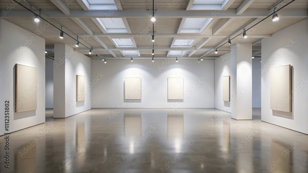 Mockup poster displayed in a modern minimalist gallery art exhibition interior background. rendering, mockup Mockup poster displayed in a modern minimalist gallery art exhibition interior background. rendering, mockup
