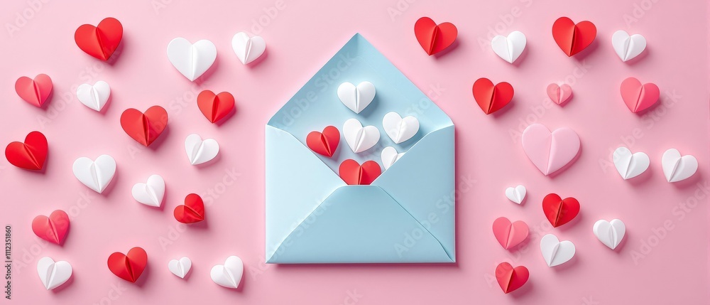 Banner Valentine Letter With Paper Hearts On Pink Background, Romantic Design, For Cards, Invitations, Background, Happy Valentine's Day Banner Valentine Letter With Paper Hearts On Pink Background, Romantic Design, For Cards, Invitations, Background, Happy Valentine's Day