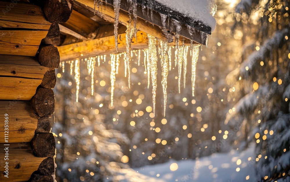 Icicles hang from a wooden cabin in a snowy landscape, illuminated by warm sunlight.